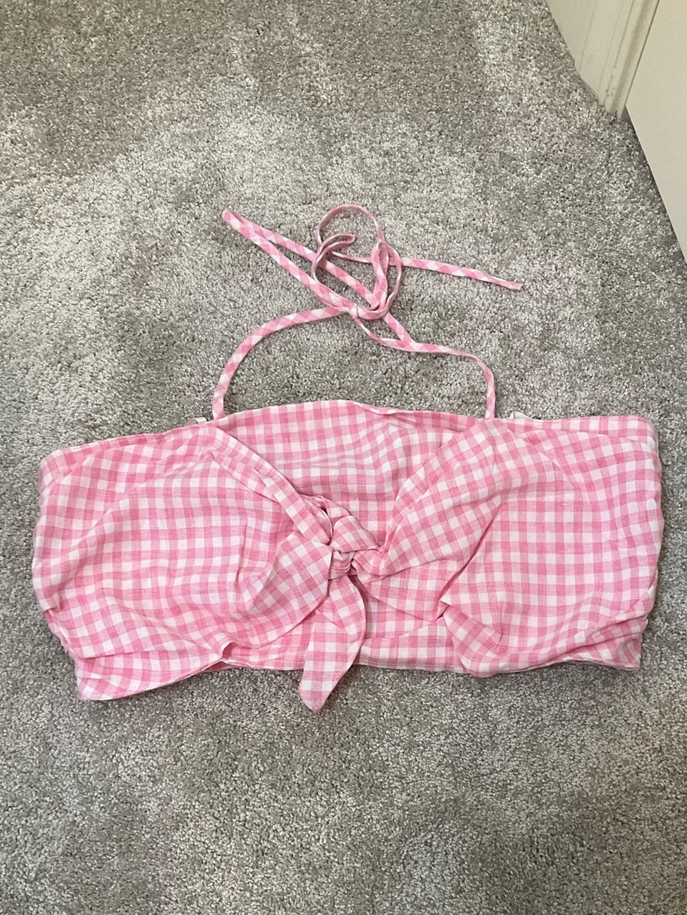 NWT J.O.A. Pink Gingham Bow Halter Crop Top Size Large